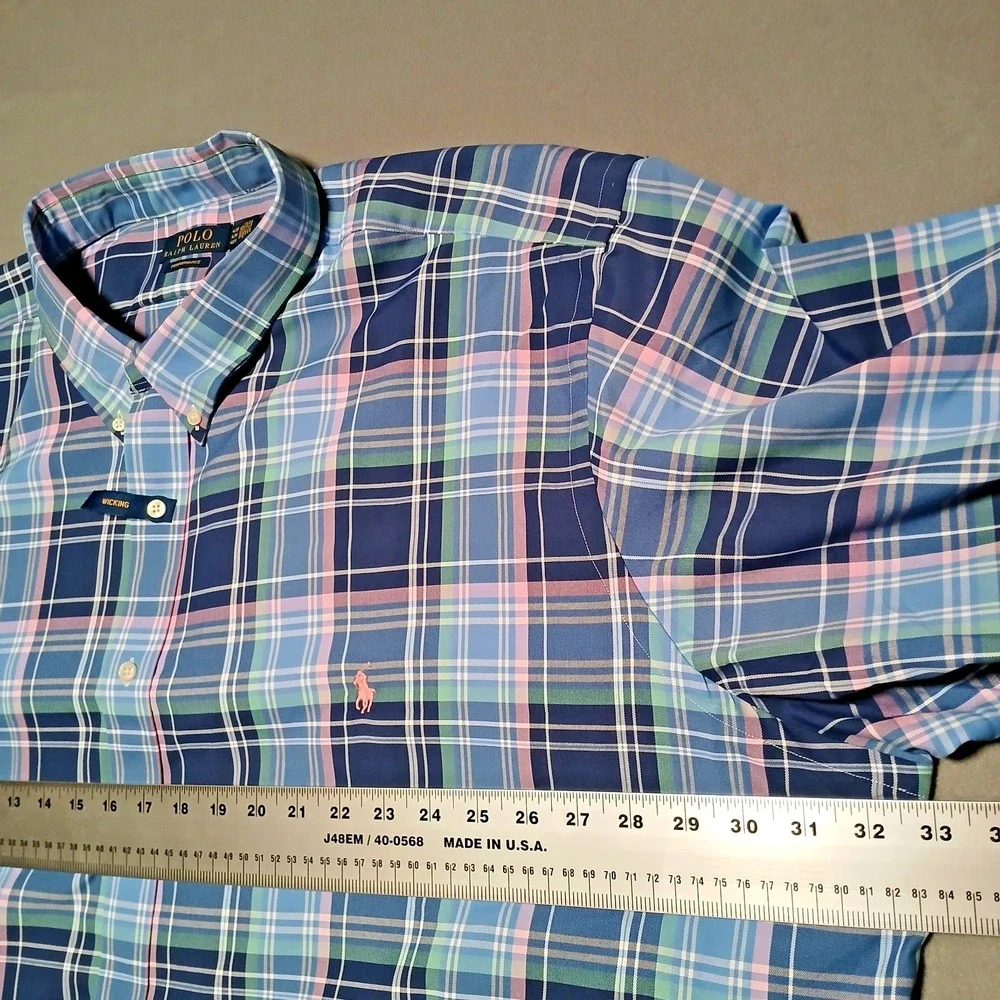 POLO‎ RALPH LAUREN Mens Shirt Button Down Plaid Performance Wicking Blue 4XB